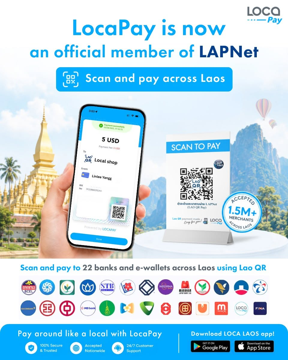 LOCA PAY official LAPNet member announcement for LaoQR payments across Laos